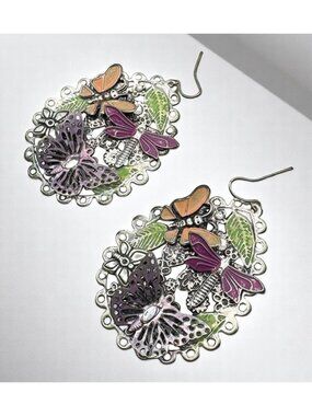Butterfly Dragonfly Dangle Drop Earrings Nature Motif Silver Tone Hand Painted